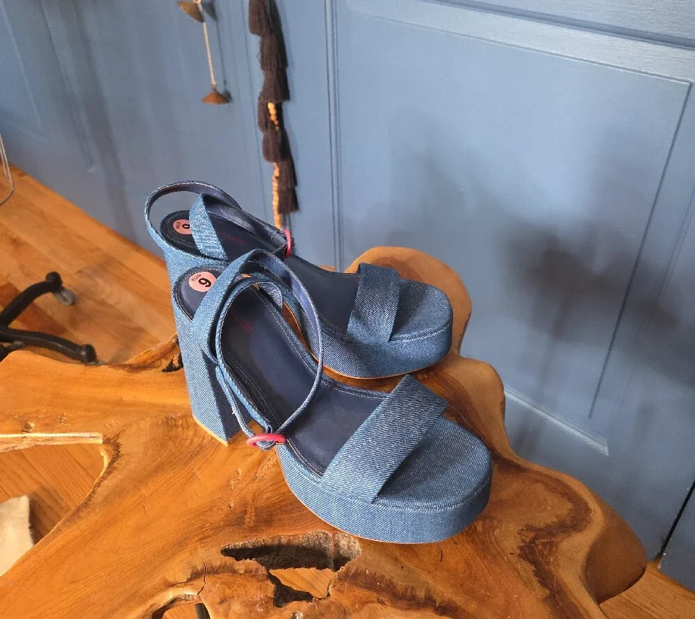 Denim Platform Block Heel Sandals - Blue